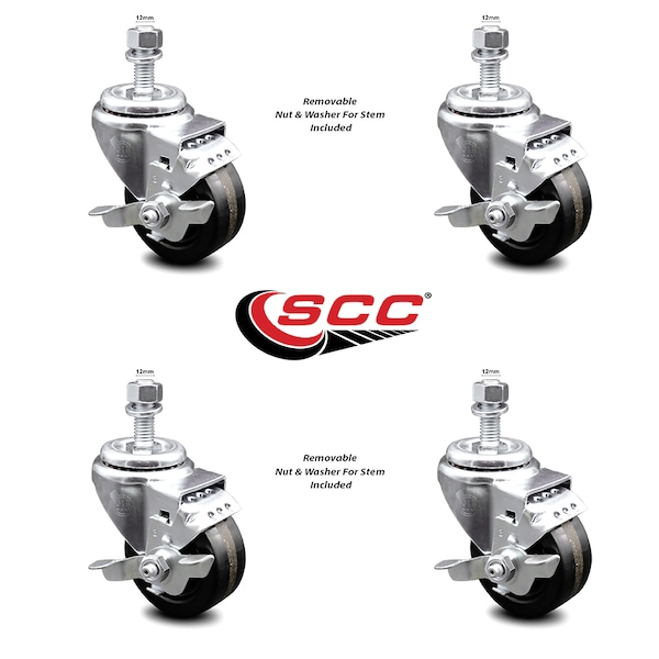 3.5 Inch Phenolic Wheel Swivel 12mm Threaded Stem Caster Set with Brake SCC